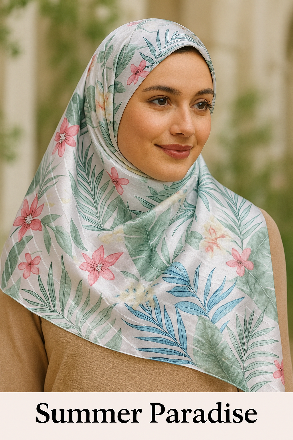 Island Floral Hijab- Elegant Satin Scarf