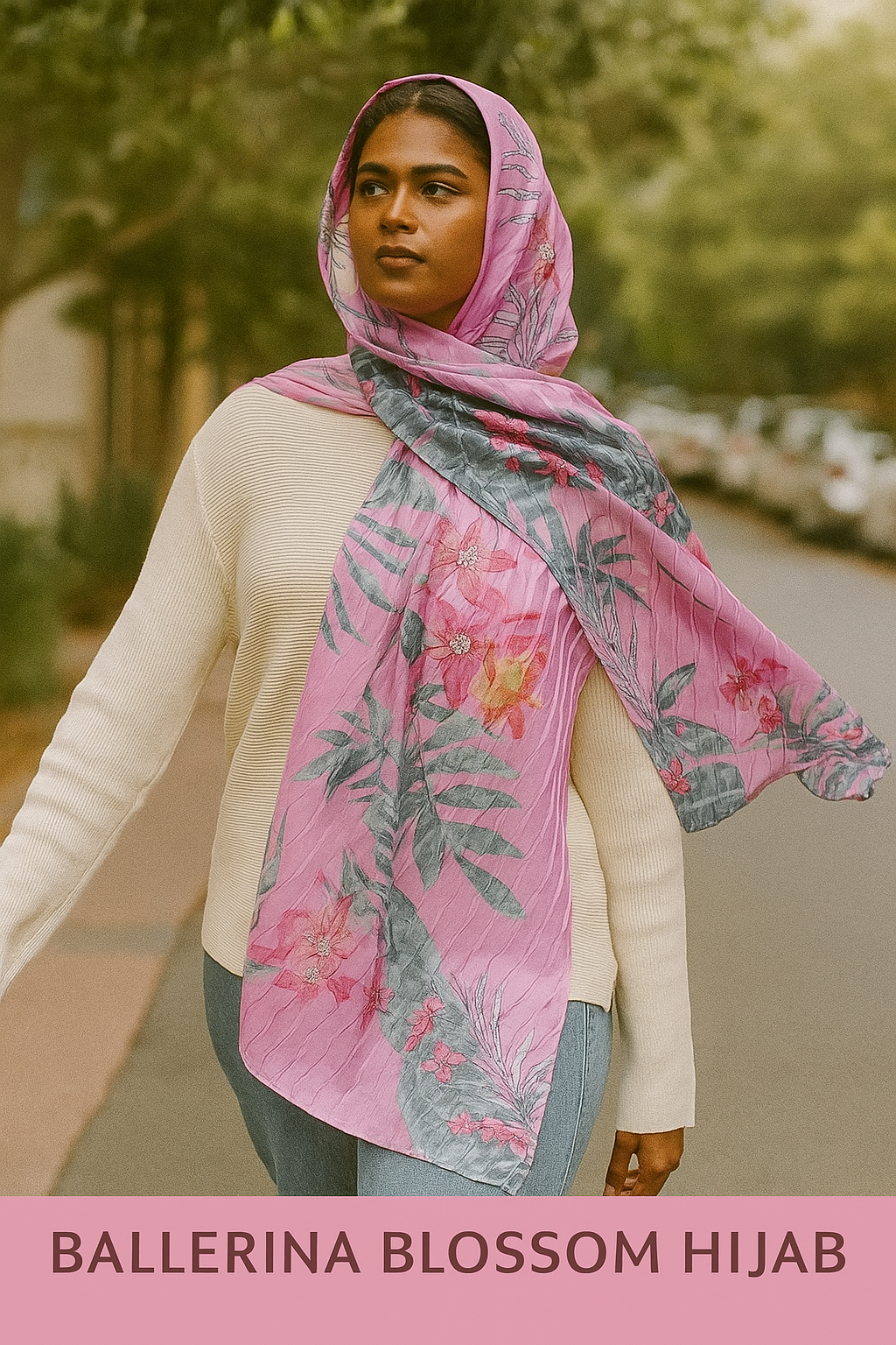 Island Floral Hijab- Elegant Satin Scarf